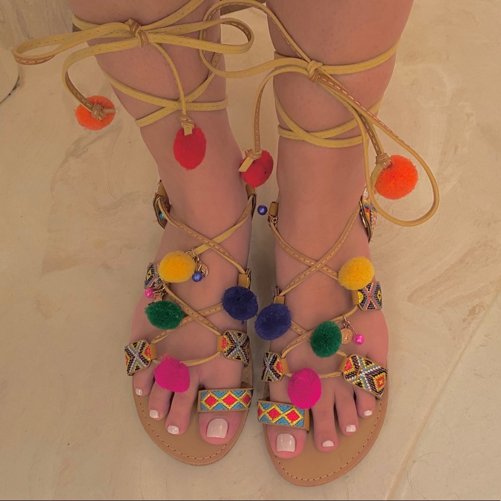 CHINESE LAUNDRY COLORFUL LACE UP POM POM SANDALS
